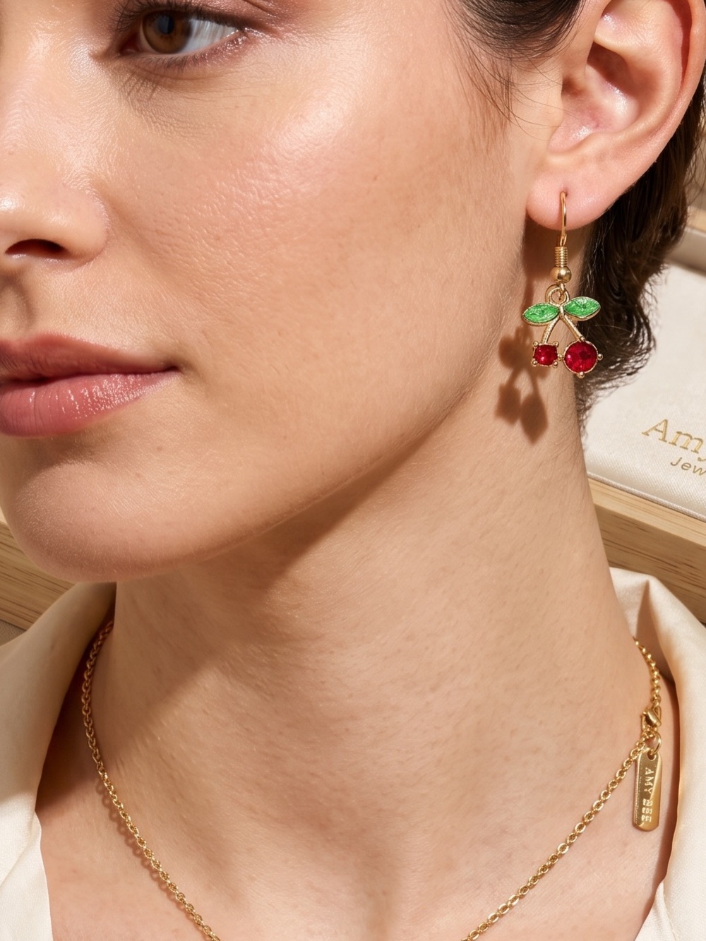 14k Gold Plated Cherry Drop Earrings with Red and Green Crystals. New. - Picture 2 of 8